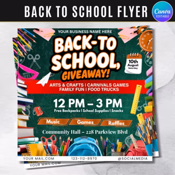 Back To School Flyer Giveaway Flyer, Back to school Supplies flyer, DIY canva template, Back 2 School Flyer, Giveaway Special Flyer Canva