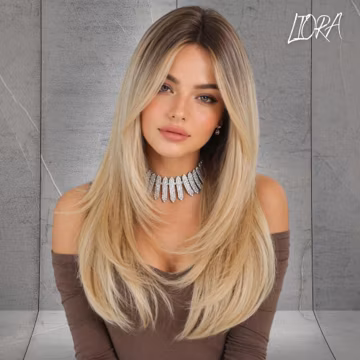 24 Inch Ombre Gold Synthetic Wig, Long Layered Straight Wig with Bangs, Gift for Her