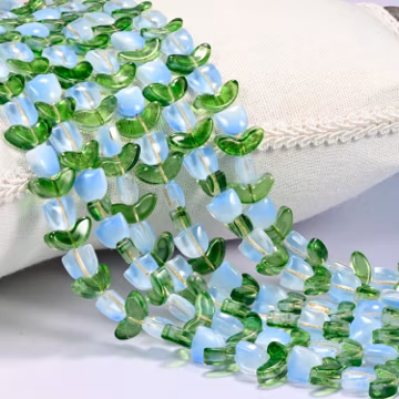 Light Blue Tulip Flower Glass Beads with Leaf, 27 Sets, 15in Strand
