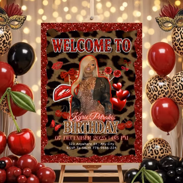 Cheetah Print Birthday Welcome Sign,Cheetah Print Leopard Cherry Birthday SignRed Cherry Party welcome signAdult cheetahBirthday Dinner Sign
