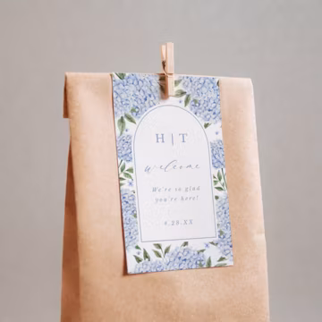 Welcome Bag Tag or Sticker, Blue Hydrangea Arch, CORJL Editable Template 428