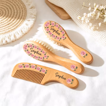 Birth Flower Baby Hairbrush Set,Wooden Baby Brush and Comb,Custom Name Brush,Baby Shower Gift,Newborn Gift,New Baby Gift,1st Birthday Gift