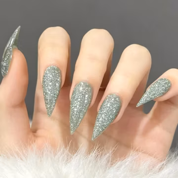 Sage Green Glitter Dragon Claw Press On Nails, Sheer Stiletto Tips, Minimalist Spring Nails