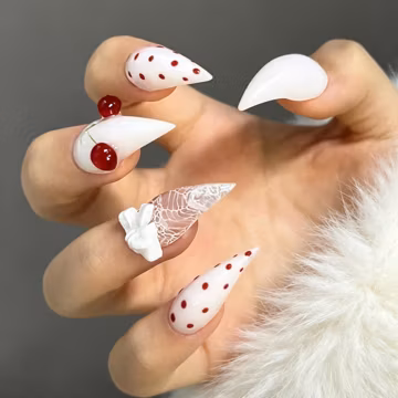 Hand-Painted Cherry Lace Bow Stiletto Press On Nails, 3D Polka Dot Gel False Nails