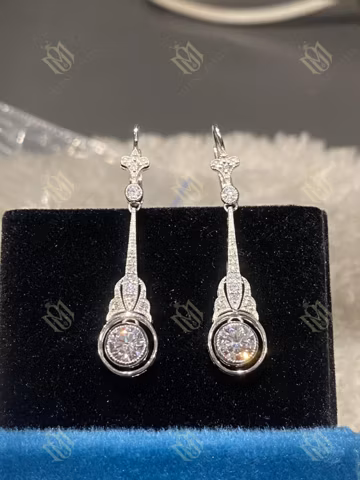 Art Deco Style Round Cut Moissanite 925 Sterling Silver Wedding, Engagement Hanging Earrings