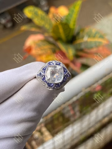 Art Deco Style Cushion Cut Moissanite & Blue 925 Sterling Silver Women's Birthday Surprise Gift Ring