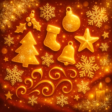 Golden Christmas Icons Art | Festive Red Background | 3072×3072 PNG Download