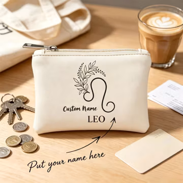 Personalized Leo Zodiac Coin Purse Custom Name Astrology Zipper Pouch Vegan Leather Wallet Birthday Gift for Women