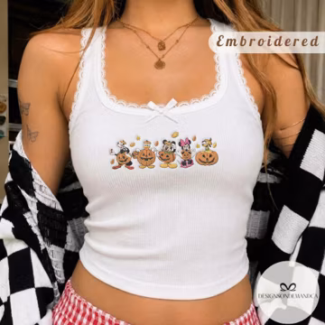 EMBROIDERED Mickey & friends Pumpkin Disney Halloween shirt, Fall vibes WDW Disneyland trip Embroidery Lace trim Tank top Baby Tee