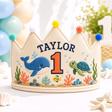Turtle Personalized Embroidery 1st Birthday Crown Ocean Embroidered Linen Baby Crown Custom Name Crown First Birthday Crown Baby Party Hat