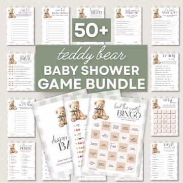 Teddy Bear Game Bundle Digital Shower Template Editable Sage Green Gingham Design Plaid Theme Printable Activity Pack Baby Gender Neutral