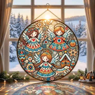 Christmas Angel Stained Glass Suncatcher, Cute Guardian Angel Window Hanging, Whimsical Holiday Folk Art Decor, X-Mas Gift for Mom Grandma