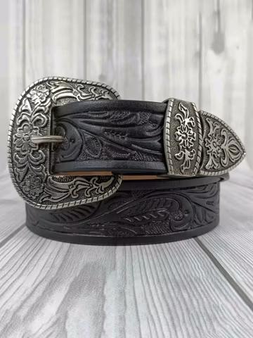 Hand-Carved Western Leather Belt: Floral Embossed Full Grain Cowboy Belt
