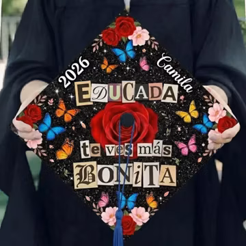 Custom Educada Te Ves Mas Bonita Grad Cap Topper, Latin Graduation Cap Decoration, Red Rose & Butterfly Spanish Cap, Mexican Grad Cap Topper