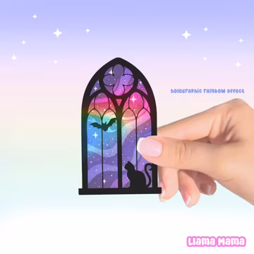 Cathedral Window with Cat and Bat Purple Holographic Rainbow | Vinyl Sticker Waterproof Sticker | #1075