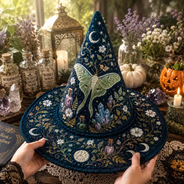 Halloween Quilted Witch Hat, Luna Moth Celestial Fabric Hat, Botanical Moon Wizard Costume, Witchcore Halloween Decor