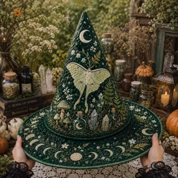 Halloween Quilted Witch Hat, Luna Moth Celestial Fabric Hat, Botanical Moon Wizard Costume, Witchcore Halloween Decor