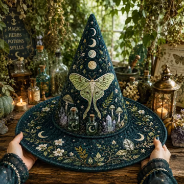 Halloween Quilted Witch Hat, Luna Moth Celestial Fabric Hat, Botanical Moon Wizard Costume, Witchcore Halloween Decor