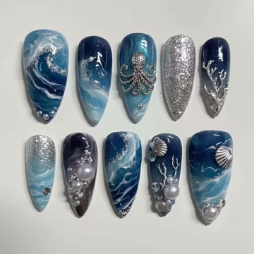 Ocean Press On Nails with 3D Octopus, Shell & Pearl Accents | Almond Nails in Blue Silver with Underwater Wave Designs