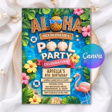 Aloha Pineapple Pool Birthday Invitation, Luau Party Invite, Tropical Summer Theme Printable Digital Invitation, Editable Canva Template