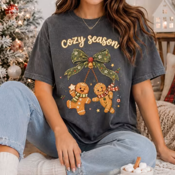 Cozy Season Shirt, Cute Gingerbread Bow Christmas Tee, Coquette Aesthetic Holiday Shirt, Vintage Holiday Comfort Colors