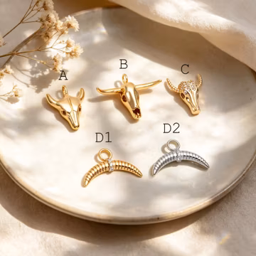 4pcs Gold/ Silver Tone OX Head Skull Charm, Ox Horn Charm, Real Gold/ Rhodium plated Brass, Buffalo Head Pendant (GB-3616)