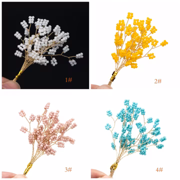 10pcs Beaded Leaf Sprigs on Gold Wire, Flower Tassel Hair Accessories, Seed Glass Beads Branch (FB-050)