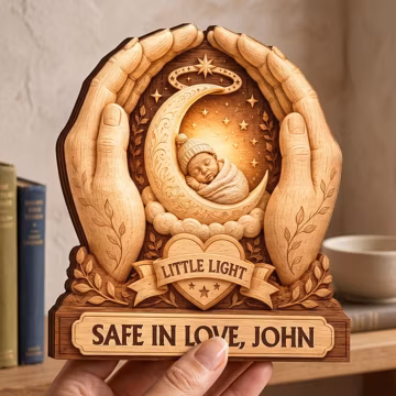 Personalized Newborn Nursery 2D Print Wooden Wedding Plaque, Baby Safe In Hands Tabletop Decor