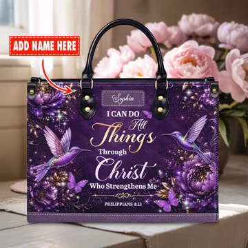 Personalized Christian Purple Leather Handbag, Philippians 4:13 Bible Verse HandBag, Hummingbird Floral Faith Bag for Women