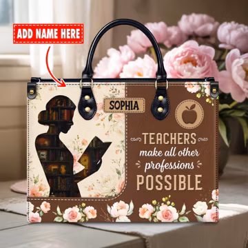 Personalization Teacher Name Leather Hand, Custom Name Educator Bag, Back to School Purse, Floral School Handbag, Gifts For Bibliophiles