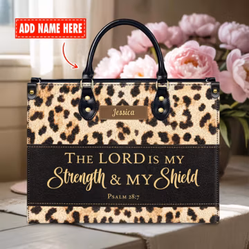 Personalized Christian Leather Handbag, Psalm 28:7 Bible Verse Leather Bag, Leopard Print Bag, Custom Name Gift for Women