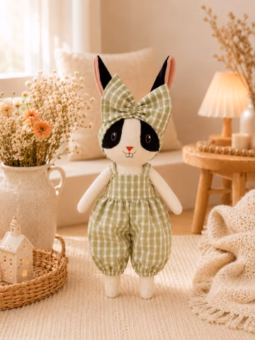 Handmade Bunny Doll Black Ears Bunny Cute Rabbit Plush Toy Stuffed Animal Doll Heirloom Rag Doll Birthday Gift for Kids Nursery Room Decor