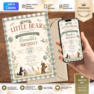 Little Bear Birthday Invitation, Any Age Gingham Woodland Party, Rustic Farm Animals (Digital Download)