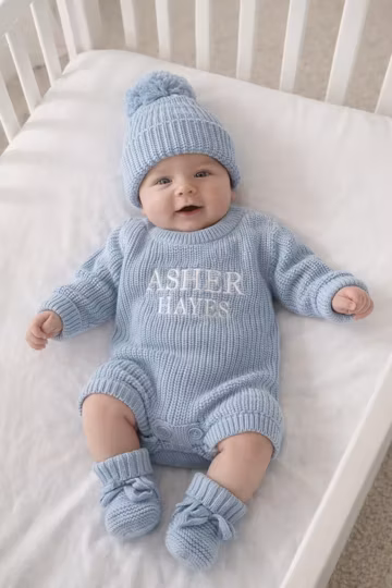 Personalized Knit Romper Set – Organic Cotton Birth Announcement - Blue - Size 0-3 Months