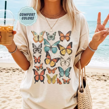 Comfort Colors Butterflies Shirt - Retro Butterflies Graphic Print Tshirt - Boho Summer Tee