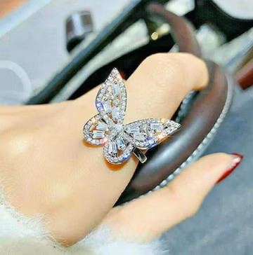 Nature Inspired Butterfly Ring, Round & Baguette CZ Stone Insect-Bug Engagement Ring, Proposal Ring For Girlfriend, Party Wear Ring For Her