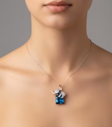 Lilo And Stitch Pendant Necklace, Blue Topaz Cushion Cut CZ Stone Necklace, Two Tone Cartoon Inspire Necklace, Anniversary Gift Necklace