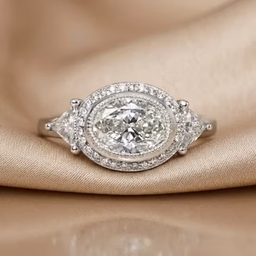 East West Halo Wedding Ring, Bezel Set Oval Cut Moissanite Diamond Engagement Ring, Women's Milgrain Trilogy Ring, Anniversary Gift For Her
