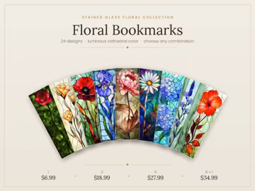 Stained Glass Floral Bookmarks, 24 Designs, Watercolor Flower Bookmark Set, Book Lover Gift, Gift for Reader, Teacher Appreciation Gift