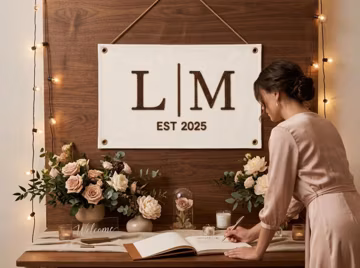 Personalized Initial Monogram Wedding Flag, Brown Embroidered Cream Banner with Established Date, Neutral Boho Reception Sign, Keepsake