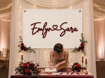 Personalized Burgundy Couple Names Wedding Flag, Embroidered Cream Fabric Banner, Romantic Floral Easel Ceremony Sign, Marriage Keepsake