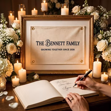Personalized Family Name Wedding Flag, Black Embroidered Cream Banner, Candlelit Floral Guest Book Display, Elegant Reception Keepsake Decor