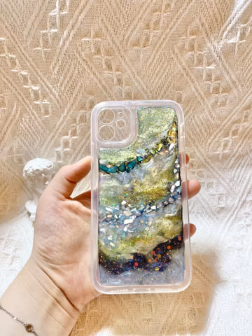 Textured Crushed Shell Resin Phone Case, Handmade Ocean Geode Art, Gold Glitter Beach Coastal Cover - iPhone Samsung Google Pixel.