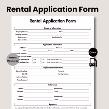 Rental Application Form, Editable & Printable Landlord Rental Application, Tenant Lease Template, realtor checklist, Tenant Application