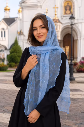Blue Lace Church Scarf 63x16in Floral Christian Head Covering Shawl