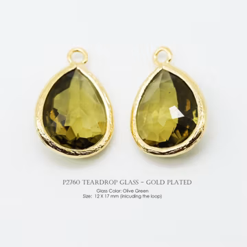 Olive Green Glass Pendant, P2760, Gold Plated Brass, Olivine Color, 12X17mm, Framed Teardrop Glass Charm For Making DIY Jewelry