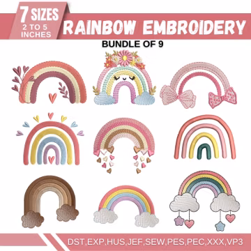 Cute Rainbow Machine Embroidery Design, Cloud Heart Bow designs, Floral Rainbow Embroidery, Digital PES DST File, 7 Sizes, Instant Download