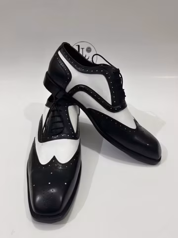 Handmade Shoes Mens Black & White Wingtip Oxford Shoes | Two Tone Dress Shoes | New Style Formal Shoes for Men | Brogue Spectator Shoes