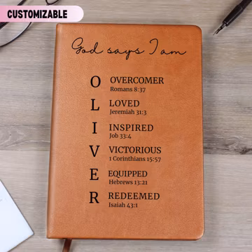 Christian Leather Journal Men, Custom Name Notebook, God Says I Am Scripture, Prayer Log, Faith Gift for Husband Father Son, Birthday, Study