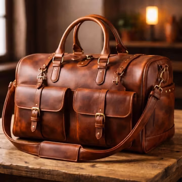 Leather Duffle Bag, Handmade Full-Grain Travel Bag, Custom Engraved, Adjustable Shoulder Strap, Luxury Luggage